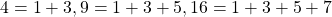 4 = 1 + 3, 9 = 1 + 3 + 5, 16 = 1 + 3 + 5 + 7