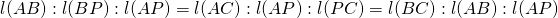 l(AB) : l(BP) : l(AP) = l(AC) : l(AP) : l(PC) = l(BC) : l(AB) : l(AP)